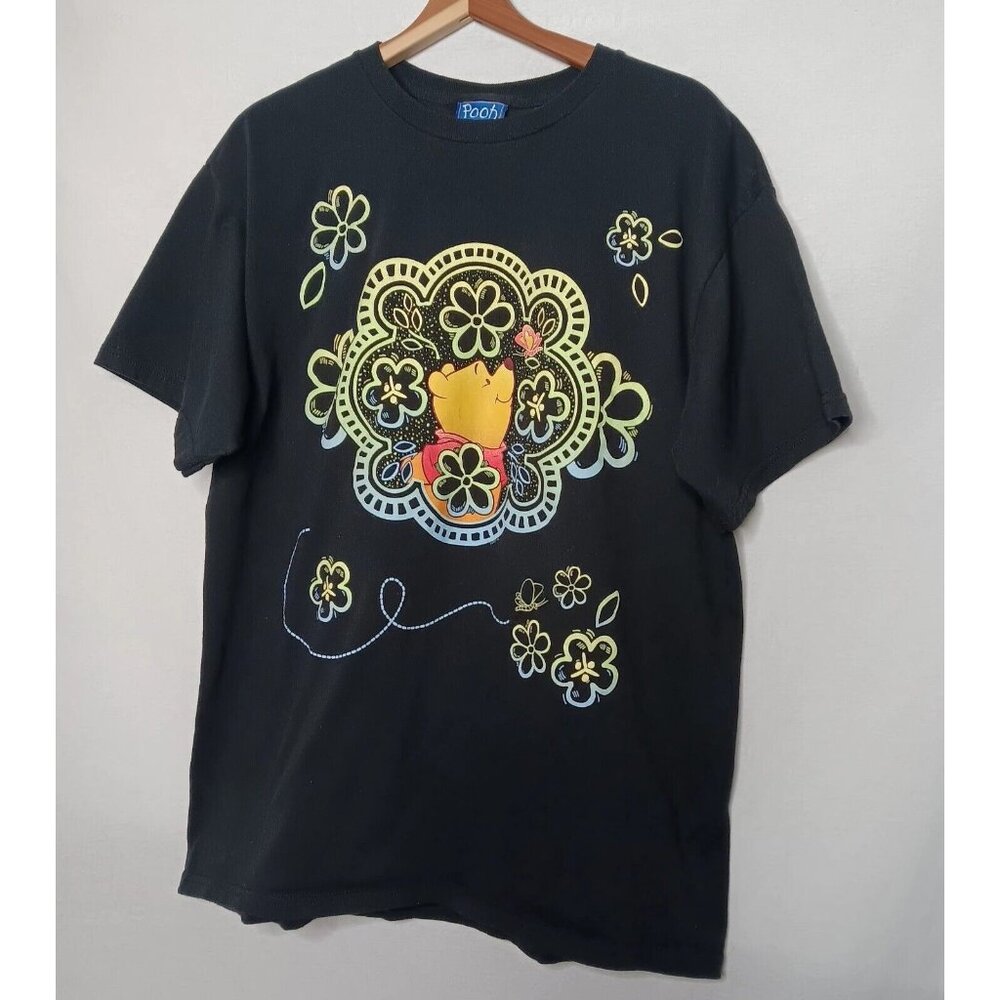 Vintage Disney Winnie The Pooh Large T Shirt Black Cotton Flowers Butterfly